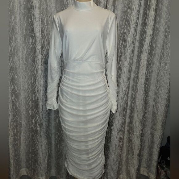White Long Sleeve Ruched Bodycon Cocktail Dress xl - Picture 9 of 11